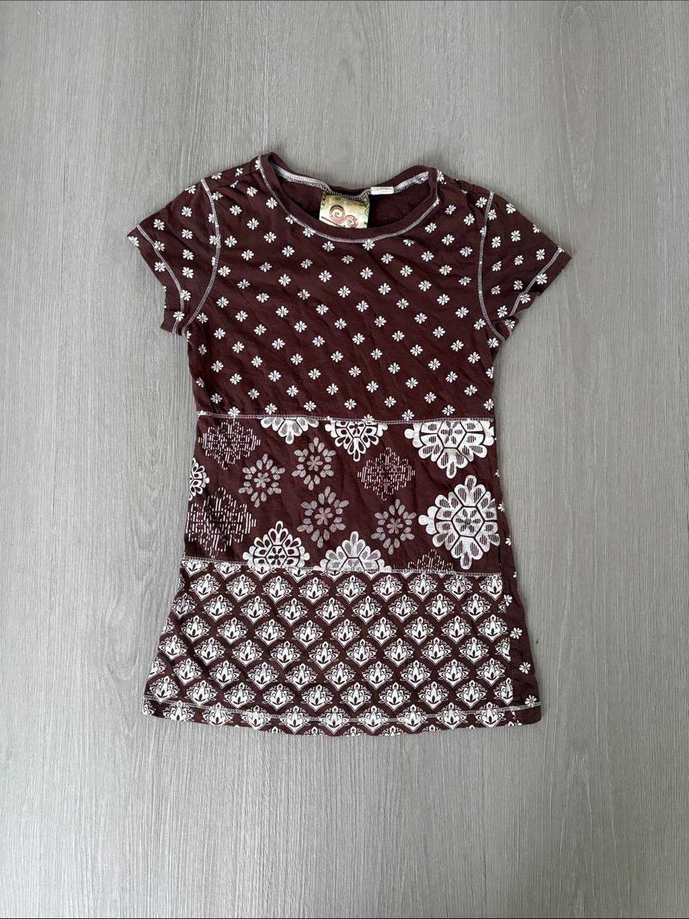 Y2K Brown Short Sleeve Floral Panel Tee